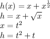 h(x)=x+x^{ \frac{1}{2}}&#10;\\h=x+ \sqrt{x}  &#10;\\x=t^2&#10;\\h=t^2+t&#10;