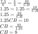 \frac{7.5}{6} =\frac{5}{4}= \frac{10}{CB}\\ 1.25=1.25=\frac{10}{CB}\\ 1.25=\frac{10}{CB}\\ 1.25CB=10\\CB=\frac{10}{1.25}\\ CB=8