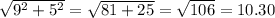 \sqrt{ 9^{2}+ 5^{2}} = \sqrt{81+25} = \sqrt{106} =10.30