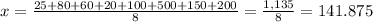 x= \frac{25+80+60+20+100+500+150+200}{8} = \frac{1,135}{8}= 141.875