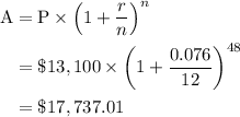 \begin{aligned}\text{A}&=\text{P}\times\left(1+\dfrac{r}{n}\right)^{n}\\&=\$13,100\times\left(1+\dfrac{0.076}{12}\right)^{48}\\&=\$17,737.01\end{aligned}