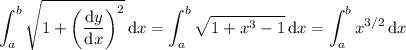 \displaystyle\int_a^b\sqrt{1+\left(\frac{\mathrm dy}{\mathrm dx}\right)^2}\,\mathrm dx=\int_a^b\sqrt{1+x^3-1}\,\mathrm dx=\int_a^bx^{3/2}\,\mathrm dx
