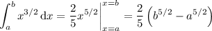 \displaystyle\int_a^bx^{3/2}\,\mathrm dx=\frac25x^{5/2}\bigg|_{x=a}^{x=b}=\frac25\left(b^{5/2}-a^{5/2}\right)