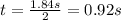 t=\frac{1.84s}{2}=0.92 s