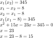 x_{1} (x_{2} ) = 345\\x_{1} -x_{2} =8\\x_{2} = x_{1}-8\\x_{1}(x_{1}-8) = 345\\x^{2} +15x-23x-345 = 0\\x=23\\x=23-8 = 15