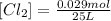 [Cl_2]=\frac{0.029mol}{25L}