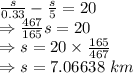 \frac{s}{0.33}-\frac{s}{5}=20\\\Rightarrow \frac{467}{165}s=20\\\Rightarrow s=20\times \frac{165}{467}\\\Rightarrow s=7.06638\ km