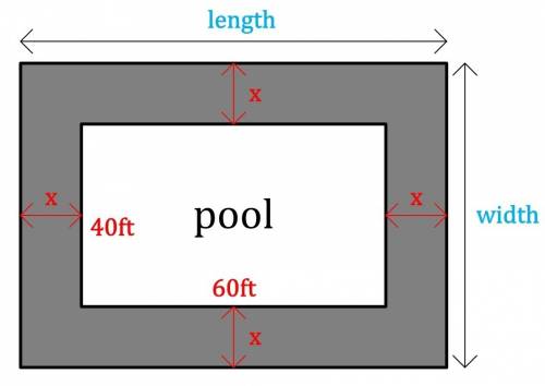 Arectangular pool has dimensions of 40 ft. and 60 ft. the pool has a patio area around it that is th