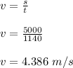 v = \frac{s}{t} \\\\v = \frac{5000}{1140} \\\\v = 4.386 \ m/s