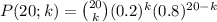 \large P(20;k)=\binom{20}{k}(0.2)^k(0.8)^{20-k}