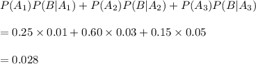 P(A_1)P(B|A_1)+P(A_2)P(B|A_2)+P(A_3)P(B|A_3)\\\\=0.25\times 0.01+0.60\times 0.03+0.15\times 0.05\\\\=0.028