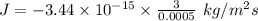 J=-3.44\times 10^{-15}\times \frac{3}{0.0005}\ kg/m^2s