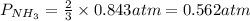 P_{NH_{3}}=\frac{2}{3}\times 0.843atm=0.562atm