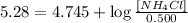 5.28=4.745+\log \frac{[NH_4Cl]}{0.500}