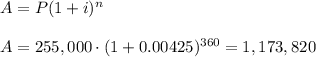 A=P(1+ i)^{n} \\\\A=255,000\cdot(1+ 0.00425)^{360}=1,173,820