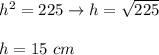 h^2=225\to h=\sqrt{225}\\\\h=15\ cm