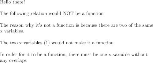 \text{Hello there!}\\\\\text{The following relation would NOT be a function}\\\\\text{The reason why it's not a function is because there are two of the same}\\\text{x variables.}\\\\\text{The two x variables (1) would not make it a function}\\\\\text{In order for it to be a function, there must be one x variable without}\\\text{any overlaps}