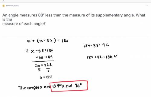 An angle measures 88° less than the measure of its supplementary angle. what is the measure of each