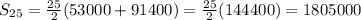 S_{25}= \frac{25}{2}(53000+91400)= \frac{25}{2} (144400)  =1805000