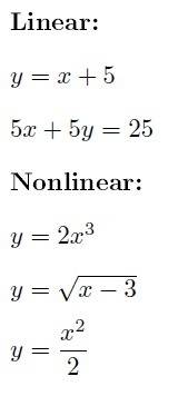 Determine if each function is linear or nonlinear. drag each function into a box to correctly classi