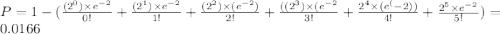 P = 1 - (\frac{(2^0)\times e^{-2}}{0!} + \frac{(2^1)\times e^{-2}}{1!} + \frac{(2^2)\times(e^{-2})}{2!} + \frac{((2^3)\times(e^{-2}}{3!} + \frac{2^4\times(e^(-2))}{4!} + \frac{2^5\times e^{-2}}{{5!}}) = 0.0166