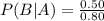 P(B|A)=\frac{0.50}{0.80}