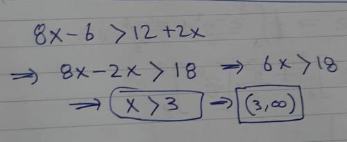 What value of x is in the solution set of 8x - 6 >  12 + 2x?  a. -1 b. 0 c. 3 d. 5