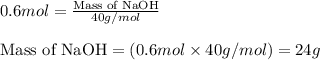 0.6mol=\frac{\text{Mass of NaOH}}{40g/mol}\\\\\text{Mass of NaOH}=(0.6mol\times 40g/mol)=24g
