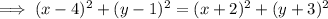 \implies (x-4)^2 + (y-1)^2 = (x+2)^2+(y+3)^2