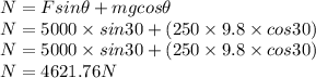 N=Fsin\theta+mgcos\theta\\N=5000 \times sin30+(250 \times 9.8 \times cos30)\\N=5000 \times sin30+(250 \times 9.8 \times cos30)\\N=4621.76 N