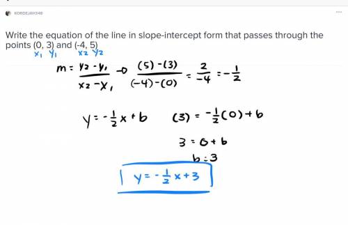 Write the equation of the line in slope-intercept form that passes through the points (0, 3) and (-4