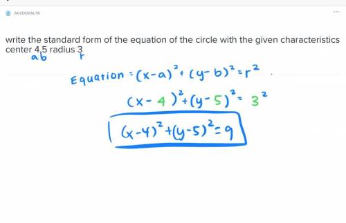 Write the standard form of the equation of the circle with the given characteristics center 4,5 radi