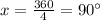 x=\frac{360}{4}=90\°