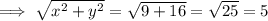 \implies\sqrt{x^2+y^2}=\sqrt{9+16}=\sqrt{25}=5