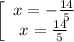 \left[\begin{array}{ccc}x= -\frac{14}{5} \\x= \frac{14}{5} \\\end{array}