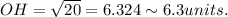 OH=\sqrt{20}=6.324\sim6.3units.