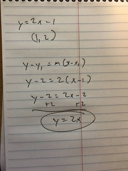 What is the equation of the line parallel to y=2x-1 that contains the point (1,2?
