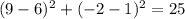(9-6)^{2}+(-2-1)^{2}=25
