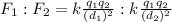 F_1 : F_2 = k \frac{q_1 q_2}{(d_1)^2} : k \frac{q_1 q_2}{(d_2)^2}