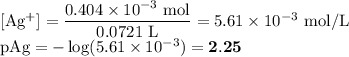 \text{[Ag$^{+}$]} = \dfrac{0.404 \times 10^{-3}\text{ mol}}{\text{0.0721 L}} = 5.61 \times 10^{-3}\text{ mol/L}\\\text{pAg} = -\log(5.61 \times 10^{-3}) = \mathbf{2.25}