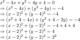 x^2-4x+y^2-4y+4=0\\\Rightarrow (x^2-4x)+(y^2-4y)=-4\\\Rightarrow (x-2)^2+(y-4)^2=-4\\\Rightarrow (x^2+4-4x)+(y^2+4-2y)=-4\\\Rightarrow (x-2)^2+(y-2)^2=-4+4+4\\\Rightarrow (x-2)^2+(y-2)^2=4\\\Rightarrow (x-2)^2+(y-2)^2=2^2
