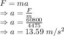 F=ma\\\Rightarrow a=\frac{F}{m}\\\Rightarrow a=\frac{60800}{4475}\\\Rightarrow a=13.59\ m/s^2