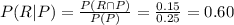 P(R|P) = \frac{P(R \cap P)}{P(P)} = \frac{0.15}{0.25} = 0.60