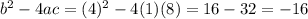b^{2} - 4ac = (4)^{2}-4(1)(8)=16-32=-16