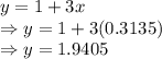 y=1+3x\\\Rightarrow y=1+3(0.3135)\\\Rightarrow y=1.9405