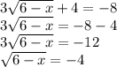 3\sqrt{6-x}+4=-8\\ 3\sqrt{6-x}=-8-4\\ 3\sqrt{6-x}=-12\\\sqrt{6-x}=-4