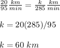 \frac{20}{95}\frac{km}{min}=\frac{k}{285}\frac{km}{min}\\\\k=20(285)/95\\\\k=60\ km