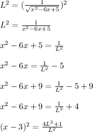 L^{2} =(\frac{1} {\sqrt{x^2-6x + 5}})^{2}\\ \\L^{2}=\frac{1} {{x^2-6x + 5}}\\ \\x^2-6x + 5=\frac{1}{L^{2}}\\ \\x^2-6x=\frac{1}{L^{2}}-5\\ \\x^2-6x+9=\frac{1}{L^{2}}-5 +9\\ \\x^2-6x+9=\frac{1}{L^{2}}+4\\ \\(x-3)^2=\frac{4L^{2}+1}{L^{2}}