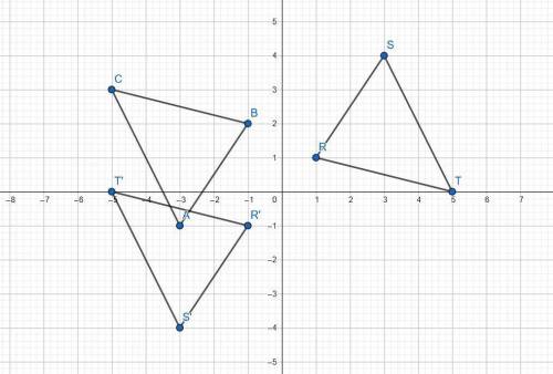 Triangle a b c has points (negative 3, negative 1), (negative 1, 2), and (negative 5, 3). triangle r