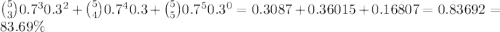 \large \binom{5}{3}0.7^30.3^2+\binom{5}{4}0.7^40.3+\binom{5}{5}0.7^50.3^0=0.3087+0.36015+0.16807 =0.83692 =83.69\%